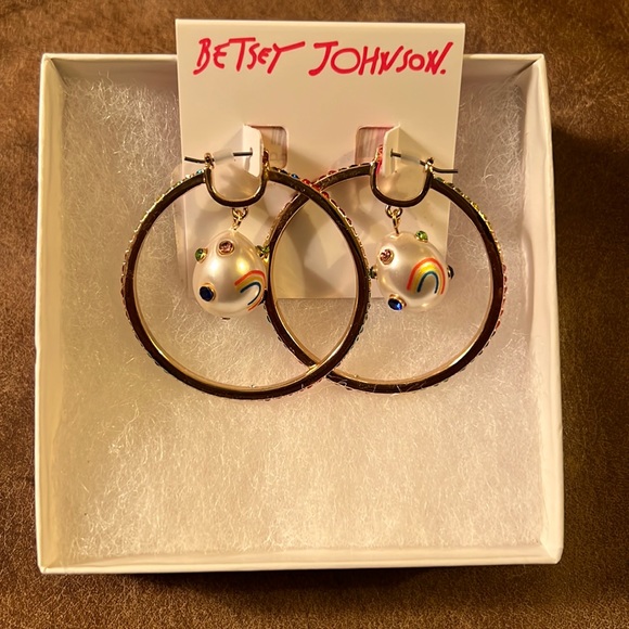 Betsey Johnson Rainbow Multi-Color Stones Snap Bar Close Hoop Earrings - Picture 1 of 10
